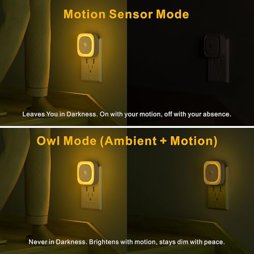 Image of YUNLEX 2 Pack Plug in Night Light with Motion Sensor & Dusk to Dawn Sensor, 3 Sensor Modes, Auto ON /Off, Dimmable, Soft Glow for Living Room, Hallway, Stairs, Bathroom, Golden Yellow