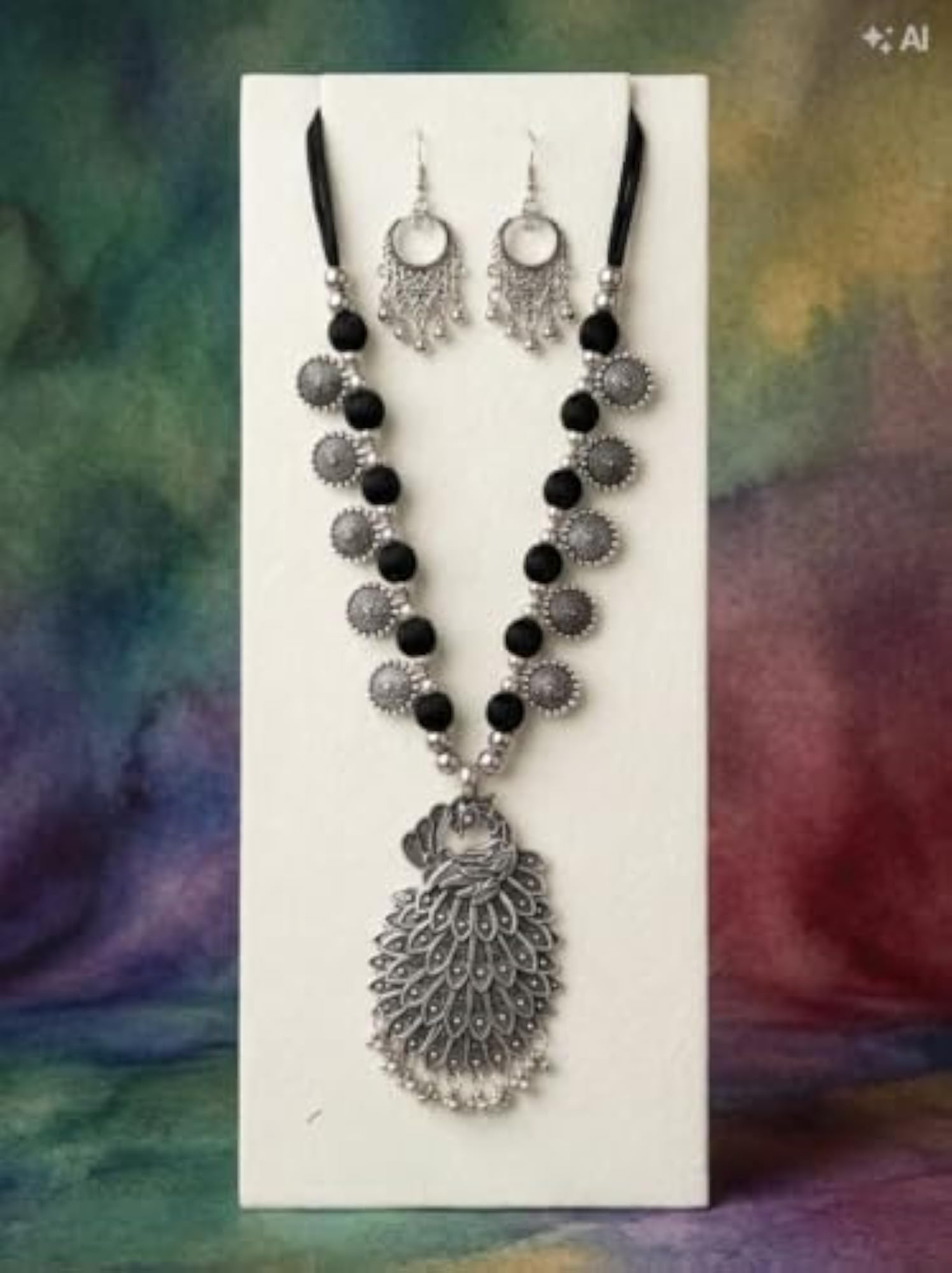 Oxidised Silver Peacock Pendant Necklace Set with Earrings