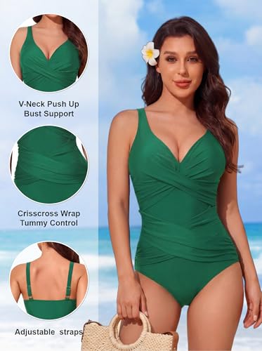 Image of Smismivo Tummy Control Swimsuits for Women Slimming One Piece Bathing Suit Retro Ruched Push Up Vintage Padded Swimwear