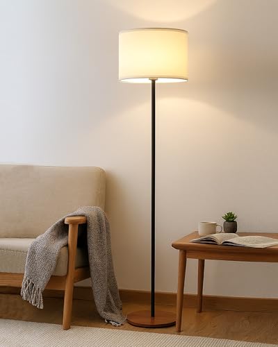 Image of Homesake Floor Lamp for Living Room, Traditional Farmhouse Boho Mid-Century Pole Lamp with Linen Lamp Shade, Standing Lamp, Floor Lamp for Living Room, Bedroom Office, Off-White