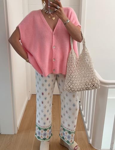 Image of Gihuo Women's Short Sleeve Sweater Cardigan Y2K Button Down Ribbed Knit Sweaters V Neck Oversized Going Out Tops(Pink-M)