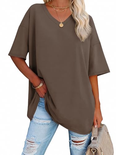 Image of ATHMILE Womens Oversized Shirts V Neck Plus Size Spring Workout Summer Tops Beach Vacation 2026 Gym Clothes Basic Tee