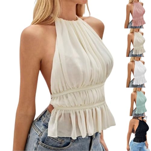 Xifyjus Damen Plissiertes Rückenfreies Neckholder-Top Sexy Ärmellos Rüschensaum Y2k-Party-Club Bauchfreies Top Fließendes Cami-Shirt(Apricot,XS)