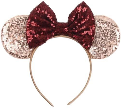 Image of CLGIFT rose gold Burgundy Minnie ears, rose gold Minnie, Minnie mouse ears, Burgundy wine Mickey ears, Rainbow Sparkle Mouse Ears,Classic Red Sequin Minnie Ears (Rose gold and burgundy)