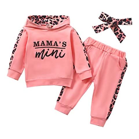 Toddler Baby Hooded Sweatshirt Outfit Long Sleeve Leopard Stitching Tracksuit Sportswear with Headband Clothes Set for Spring Autumn Winter (12-18 Months, Pink) Cover