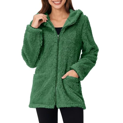 AMhomely Abrigos de invierno para mujer, chaqueta de forro polar sherpa mullida con capucha y bolsillos, 09- Verde, S
