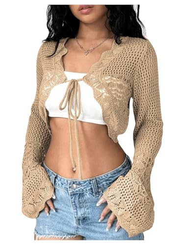 Image of OYOANGLE Women's Crochet Tie Front Sweater Cardigans Bell Sleeve Knitted Cropped Bolero Shrug Cardigan