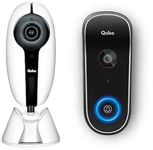 QUBO Smart Outdoor Security WiFi Camera (White) with QUBO Smart WiFi Wireless Video Doorbell from Hero Group |Intruder Alarm System | 2-Way Talk | Compatible with Alexa & Google | 36 Chime Tunes