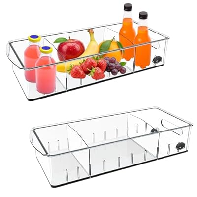 2 Pack Fridge Organizer Bins with Wheels, Refrigerator Organizers and Storage Drawer with Removable Dividers, Clear Plastic Pantry Storage Bins, Kitchen Organization