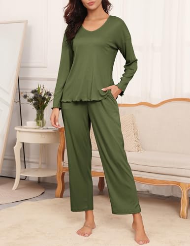 Ekouaer Womens Ribbed Knit Pajamas Set V Neck Long Sleeve Pj Set 2 Piece Loungewear Casual Sleepwear