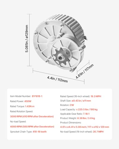 VEVOR 450 W Elektrischer Gleichstrommotor mit Bürsten – 36 V, 3000 U/min Motor mit verbessertem Drehzahlregler und Daumengashebel-Kit, Elektromotor für Go Karts, E-Bikes, Motorräder, Roller