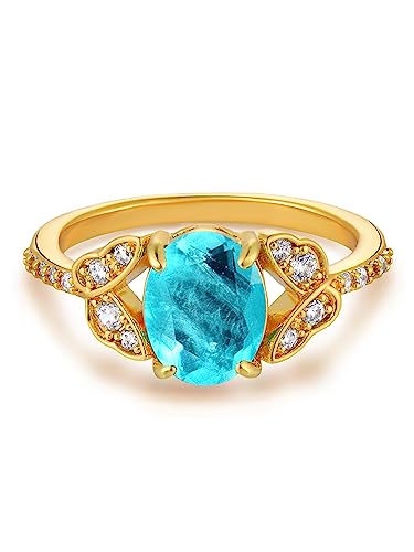 GNIRTSI Gold Simulated Paraiba Ring for Women Solitaire 8 * 10MM Oval Cut 14K Gold Plated Minimalist Stack Diamond Cubic Zircon Butterfly Thin Band Finger Jewelry Size 8 by GNIRTSI - Used condition - US$8.86