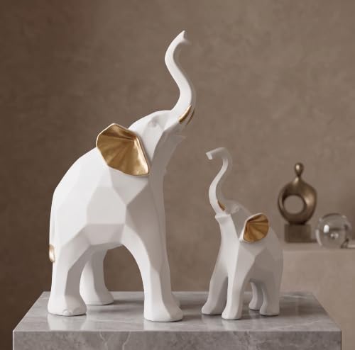 Image of Shri Balaji Caft White Resin Decorative Elephant Figurines Set of 2 | 20 cm Geometric Standing Elephant Showpieces for Home Decor | Housewarming Gift