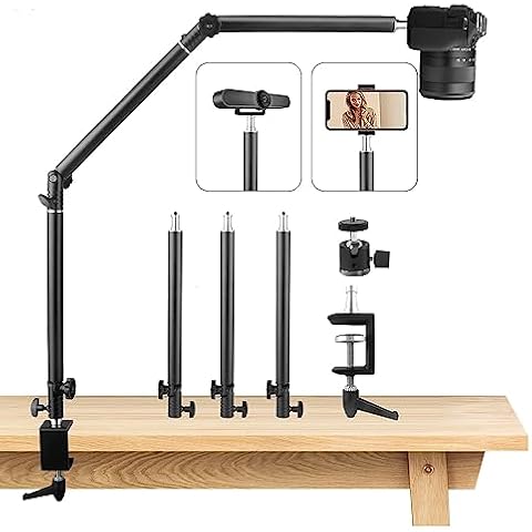 Heavy Duty Overhead Camera Desk Mount Stand 14.5"-41" with 1/4" Screw, 3-Section 360°Rotatable Detachable Articulating Boom Arm with Enlarged Handle C Clamp, Tabletop Light Stand for Streaming Vlog Cover