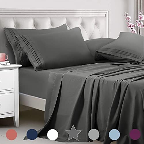 TEKAMON Queen Bed 6 Piece Sheet Set Cooling 100% Microfiber Polyester Extra Deep Pocket Fitted Sheet Breathable and Hypoallergenic Flat Sheet Dark