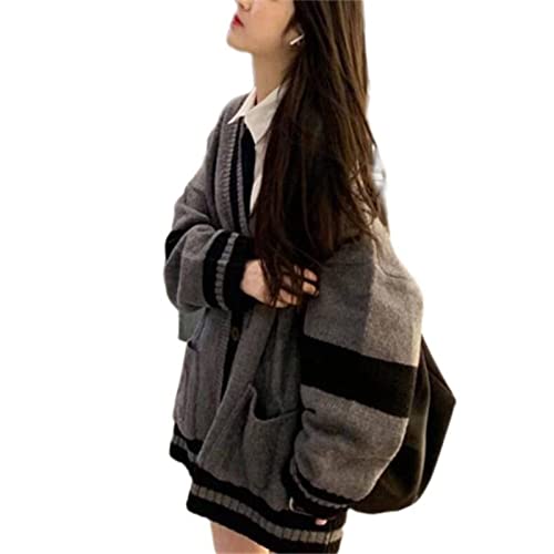 Women's Harajuku Korean Style Loose V-Neck Button Knit Cardigan Preppy Jacket Gray4
