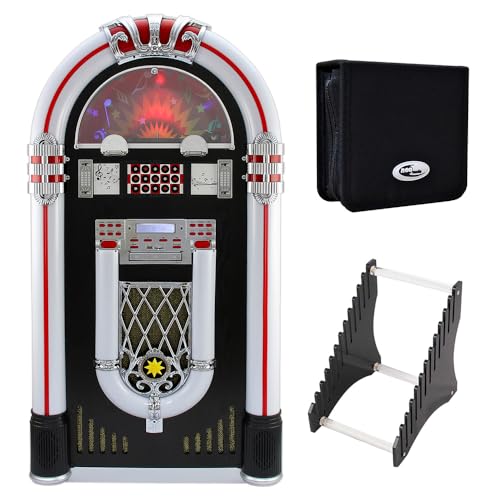 Jukebox Vinyl Record Player & Sound System with 48 CD Carry Case and Acrylic Vinyl Record Storage Holder Tabletop Display Rack Retro Music Station for CDs & LPs Music Lover Gift Set Bundle