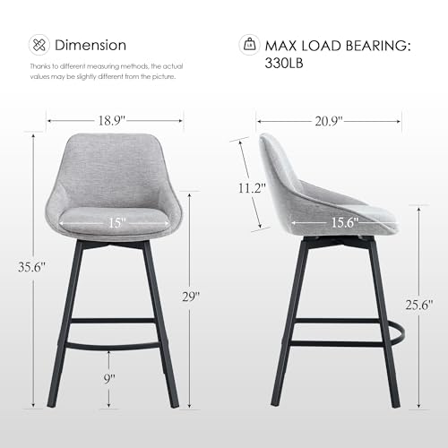 Image of Zesthouse Swivel Bar Stools Set of 3, Modern Counter Height Barstools with Backs, 26'' Upholstered Linen Fabric High Chairs for Island Kitchen, Counter Height Chairs with Metal Legs, Grey