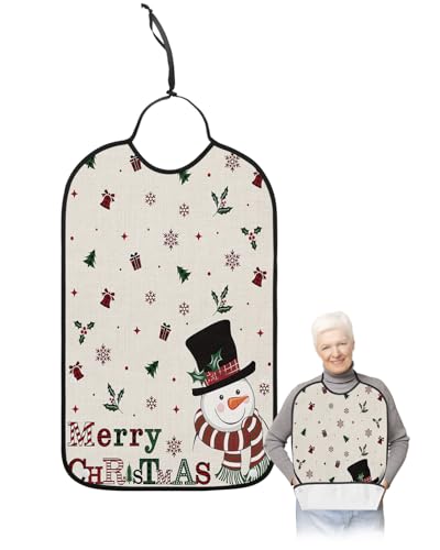 Christmas Snowman Adult Bibs for Eating, Waterproof Bibs with Food Catcher & Adjustable Snap Closure, Xmas Gifts Winter Snowflake Rustic Washable Clothing Protectors Adult Bibs for Elderly Women/Men
