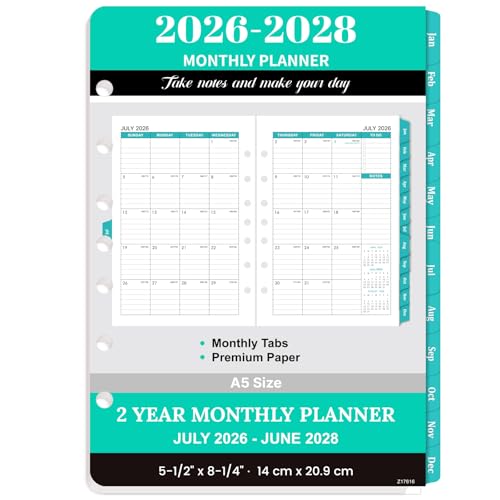 2026-2028 Monthly Planner Refill - A5 Planner Inserts with 7-Hole Punched for 7-Ring Binder, 5-1/2" x 8-1/2", 2 Year Monthly Calendar with Tabs, July 2026 to June 2028