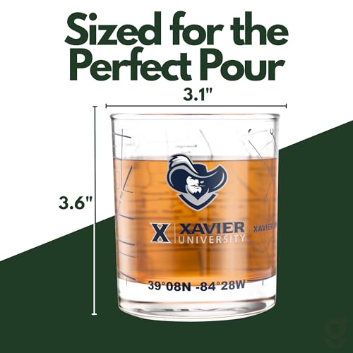 Image of Greenline Goods Xavier University Musketeers Whiskey Glasses Set of 2, 10 oz Rocks Glasses with Full-Color Logo & Campus Map - Officially Licensed Bourbon Glass Gift for Alumni & Fans