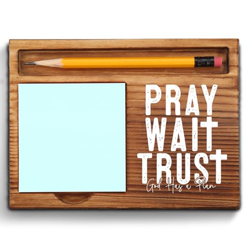 Pray Wait Trust Sticky Note Holder, God Has a Plan Christian Desk Gift, Inspirational Religious Office Decor for Women, Men, Coworkers, Wooden Bible Verse Note Pad Holder ZSS79