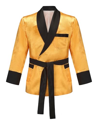 Men's Printed Brocade Smoking Jacket Robe with Belt Fully Lined Bathrobe