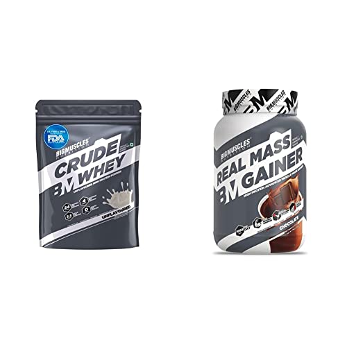 Image of Bigmuscles Nutrition Combo: Crude Whey - 1 kg, 24g protein and Real Mass Gainer - 1 kg (Chocolate)