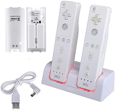 Wii Charging Station for Remote Controller, Dual Charger Dock with 2 Rechargeable Batteries LED Indicator USB Charging Cord -White