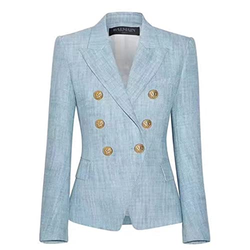 Alloaone Women Elegant Light Blue Blazer Metal Buttons Slim Jackets Outerwear Blazers