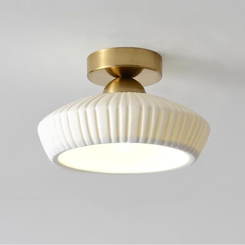 NHPJFDC Modern Pleated Ceramic Flush Mount Ceiling Light White Porcelain Ribbed Shade Small Semi Flush Mount Fixture for Hallway Entryway Balcony 3 Color Dimmable Gold White Base E26(Gold)