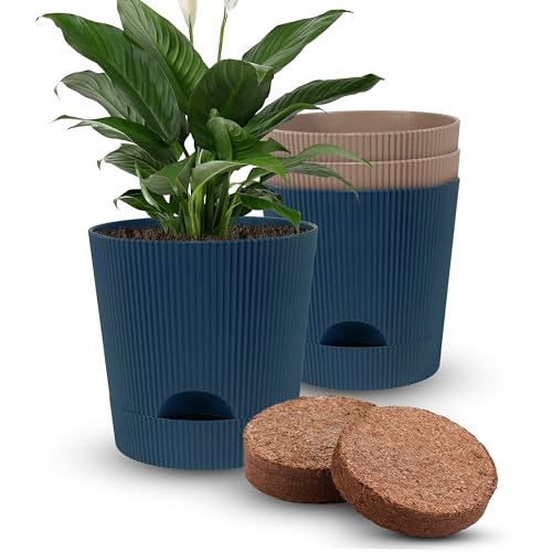 Image of GYOPOTS Self-Watering 11.5 cm Flower Pot for Living Room and Home Decor | Premium Ribbed Texture with self-watering system | Pack of 4 (2 Blue + 2 Brown) with Free Cocopeat | For Indoor & Outdoor Use