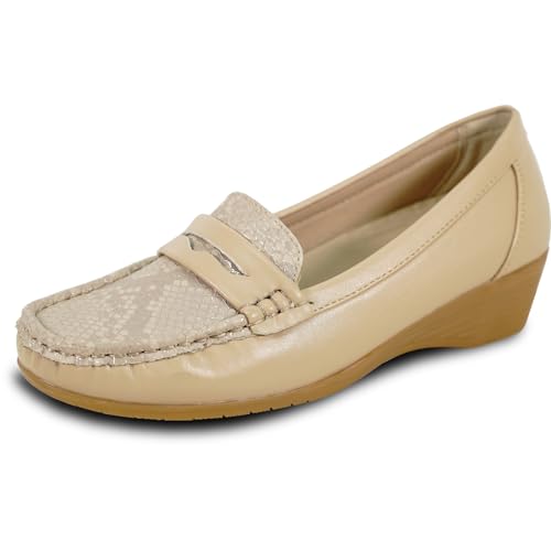 Image of KOZI Women Comfort Casual Wedge Shoe Slip-On Loafer ML Collection Round Toe Penny Loafer Removable Insole Black Champagne