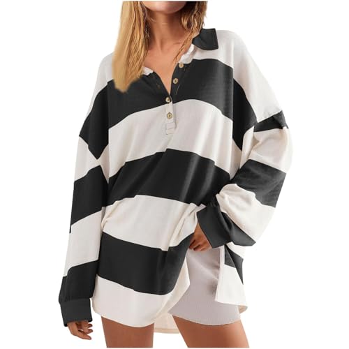 CHARTOU Women Spring Fall Stripes Pullover Sweatshirt Polo Collar Long Sleeve Oversized Pullover Shirt Tops2