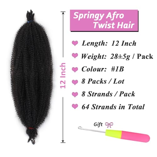 Samtress 12 Inch Springy Afro Twist Hair 8 Packs Black Spring Twist Hair for Distressed Soft Locs Natural Afro Kinky Curly Marley Braiding Hair Pre-Fluffed Popping Spring Twist Extensions (#1B) - Image 2