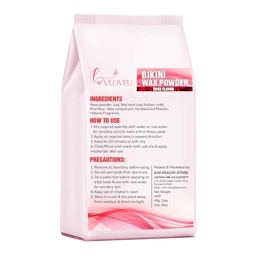 Image of VLOVEU - Rose Bikini Wax Powder for Women - 120g, Pack of 1 | 5 Minutes Painless Herbal Wax Powder for Hair Removal | Easy to Use at Home, No Chemicals - No Irritation, Bikini Wax for Women and Girls