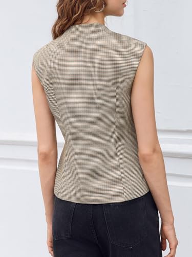 Tankaneo Womens Gingham Suit Vest Tops Round Neck Sleeveless Button Down Fitted Waistcoat Dressy Casual Plaid Blazer Vest3