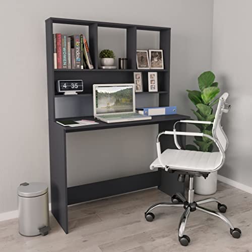 Zeiquah Escritorio con estantes gris de madera 110 x 45 x 157 cm, diseño que ahorra espacio con mucho espacio de almacenamiento, escritorio moderno para oficina, dormitorio y trabajo en casa