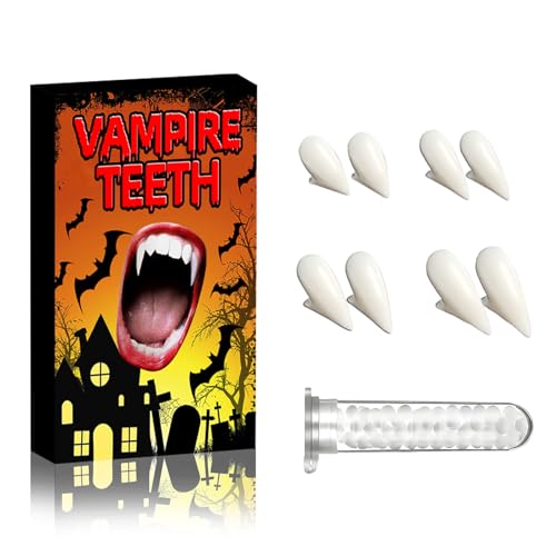 WVWMYM 4 Paar Halloween Vampir Zähne, Vampire Teeth mit Kleber 4 Größen Dracula Zähne Halloween Vampire Fangs für Erwachsene Kinder Vampir Accessoires Cosplay Party Bühnen Requisiten
