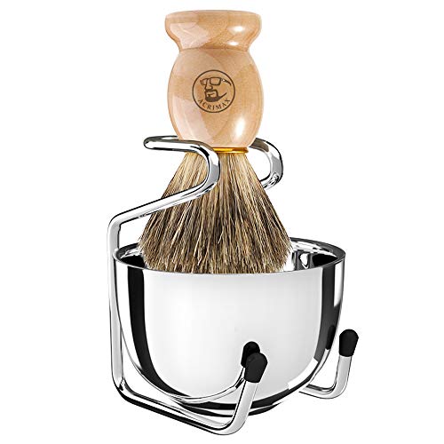 ACRIMAX Shaving Set, 3in1 Badger Hair Shaving Brush Solid Wood Handle with Stainless Steel Shaving Stand and Double Layers Shaving Bowl Set for Men Wet Shaving
