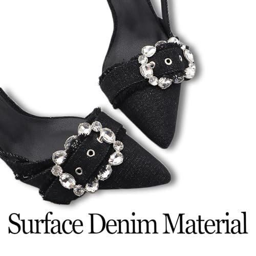 Women's Rhinestone Denim Cloth Kitten Heels Pumps Fashion Closed Pointed Toe Slip-On Slingback Low Heel Dress Sandals for Wedding Party Evening 6