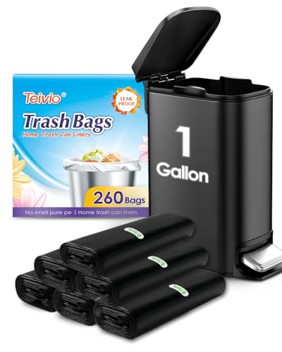 Teivio 1 Gallon(Fit 1-1.2 Gal) 260 Counts Strong Trash Bags 1 Gallon 1.2 Gallon Garbage Bags, Bin Liners, for home office kitchen (Black)