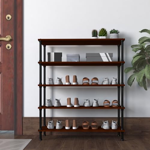 Image of TABLE MAGIC Jazz Slipper Stand Wooden | 5 Tier Organizer | Shoerack for Home Wooden | Steel Frame & Engineered Wood Shelves | Holds Up to 15 Pairs | Space-Saving Storage Rack | Mahogany Finish