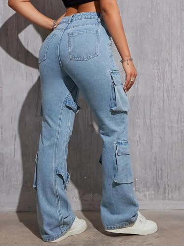 Image of Glossia Fashion Blue Women Cargo Jeans | High Waist Stretchable Wide Leg Loose Fit Denim| Boyfriend Cargo Jeans for Women(WJ-1225)