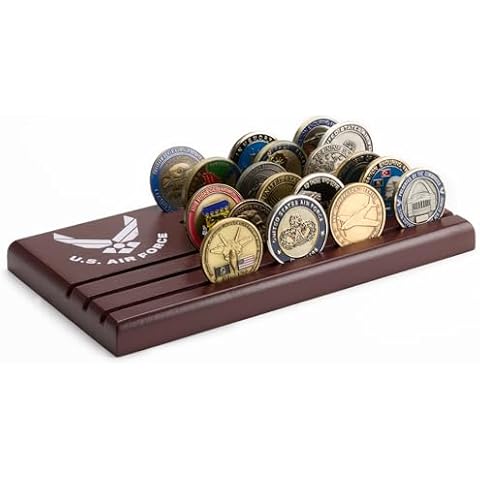 DECOMIL Challenge Coin Display Stand, Military Coin Holder Display, Solid Wood, 30 Challenge Coin Holder, Gift for Veterans, Coin Rack Display Military Emblems, Coin Tray (AIR FORCE) Cover