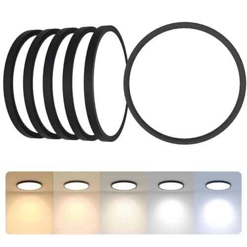 6Pack LED Flush Mount Ceiling Light Fixture Black,12Inch 24W 2640LM,Dimmable 5 CCT Selectable (2700K-6500K),Round Flat Panel Light for Bedroom,0.7Inch Thin Modern Low Profile Design for Hallway