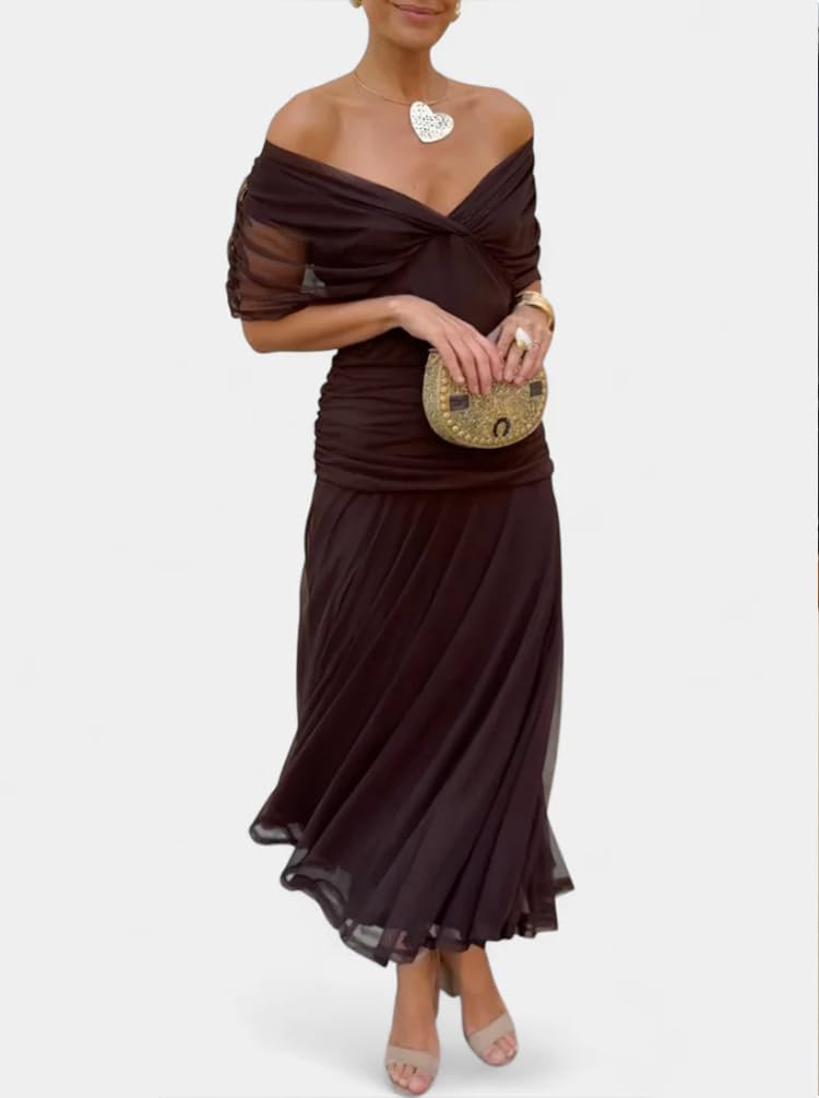 Minetom Robe de Soirée Femme Elegante Col en V Manche Courte Robes de Cocktail Cérémonie Mariage Longue