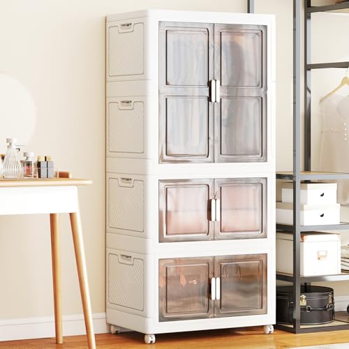 GOPLUS Boîtes de Rangement Empilables 421L, Armoire à Vêtements en Plastique avec 10 Cintres et 4 roulettes, Couvercle, Fermetures Magnétiques, Rangement...