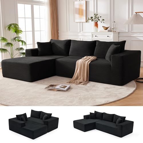 110” Cloud Sectional Couch, Boneless Sofa for Living Room, Modular Sectional Sofa with Deep Seat, Comfy Fluffy Couch with L-Shaped Chaise, No Assembly Required (Left-Facing Chaise, Black)