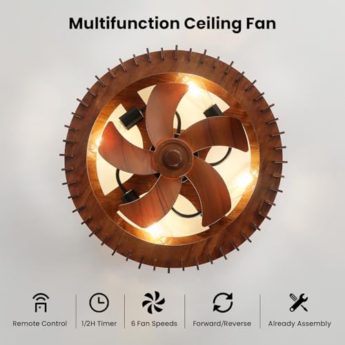 Image of Wooden Fandelier Ceiling Fan with Light and Remote, 20 inch Flush Mount Caged Ceiling Fan with Light, 6 Speed Reversible Farmhouse Low Profile Ceiling Fan for Bedroom Living Room